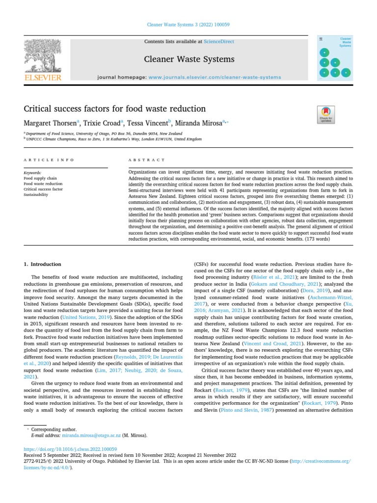 Critical Success Factors in Food Waste Reduction | PDF | Sustainability ...
