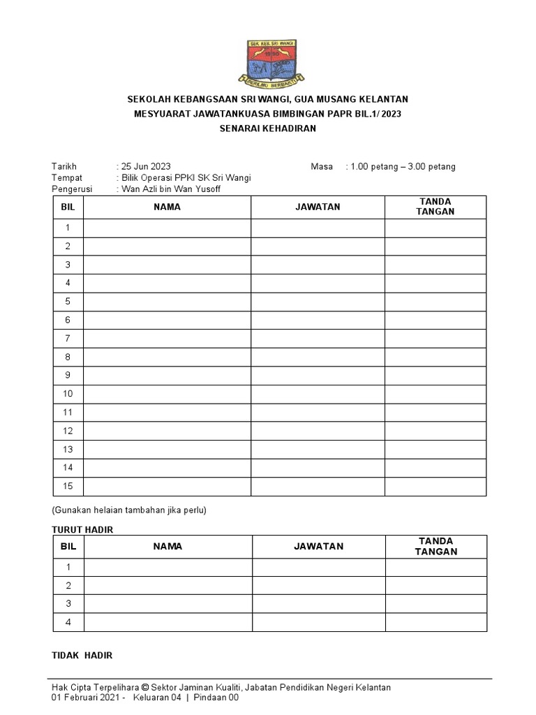Senarai Kehadiran Mesyuarat | PDF