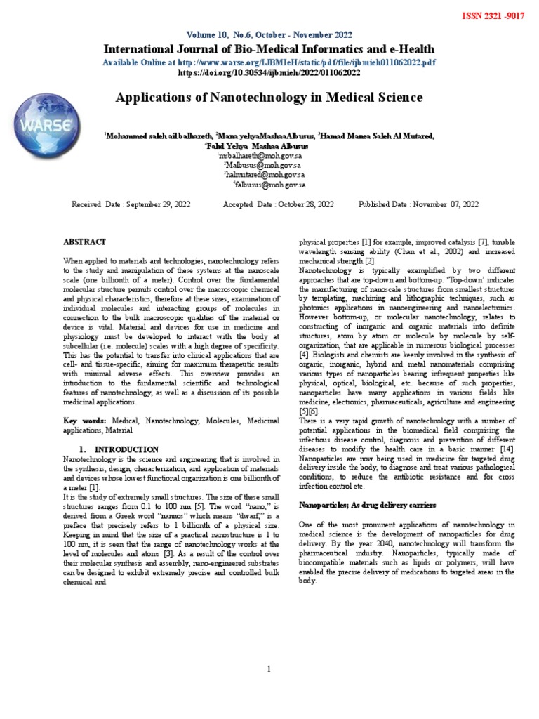 Application of Nanotechnology in Medical Science | PDF | Science ...