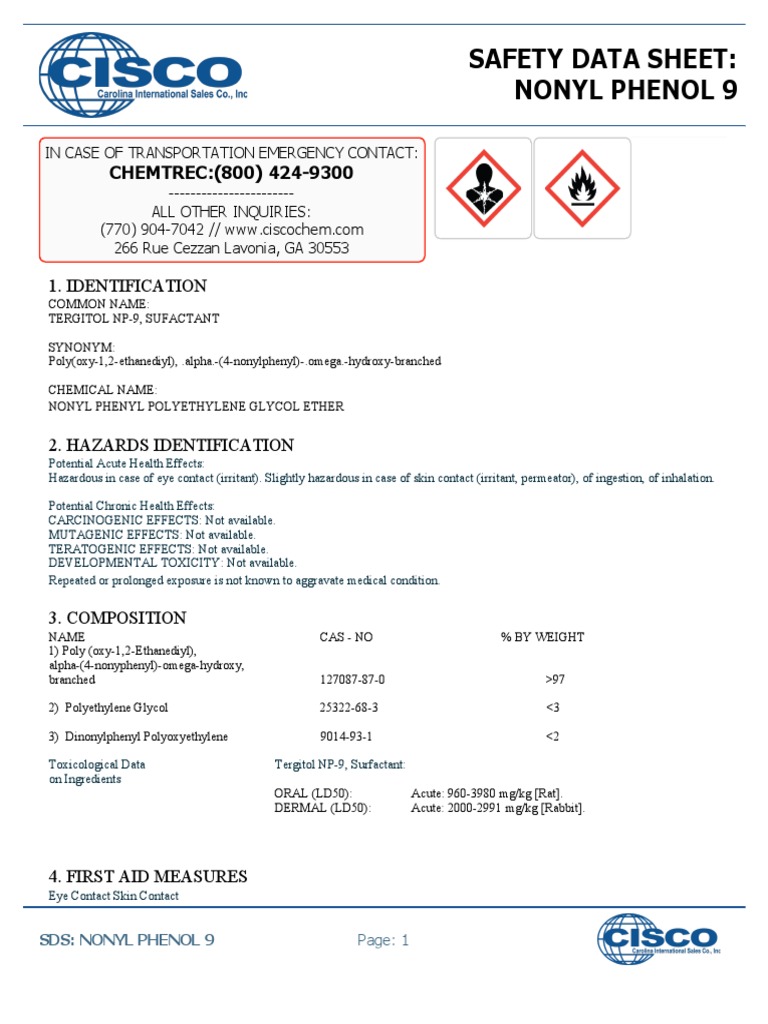 Nonyl Phenol 9 Sds | PDF | Toxicity | Water