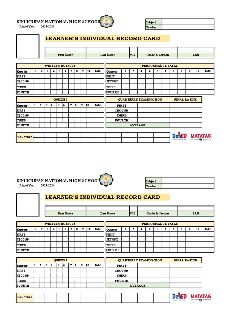 Learner's Record Card 2023-2024 | PDF | Learning | Cognitive Science