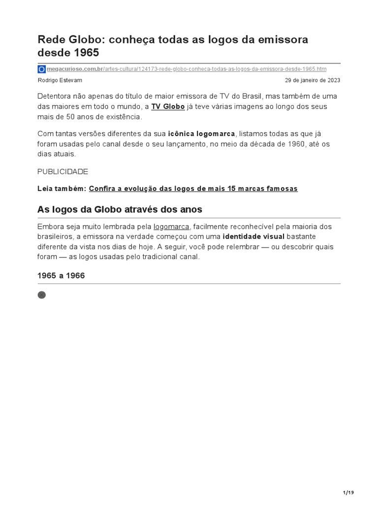 Rede Globo Conheça Todas As Logos Da Emissora Desde 1965 | PDF