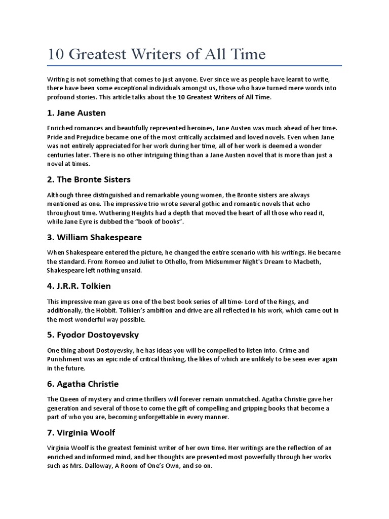 10 Greatest Writers of All Time - Mansi Tomar | PDF | Novels | William