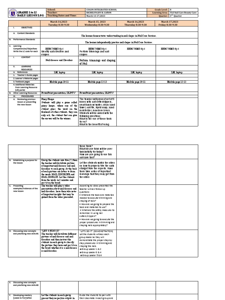 DLL TLE 8 Amber 3rd QNail Care Week 6 PDF Nail (Anatomy)