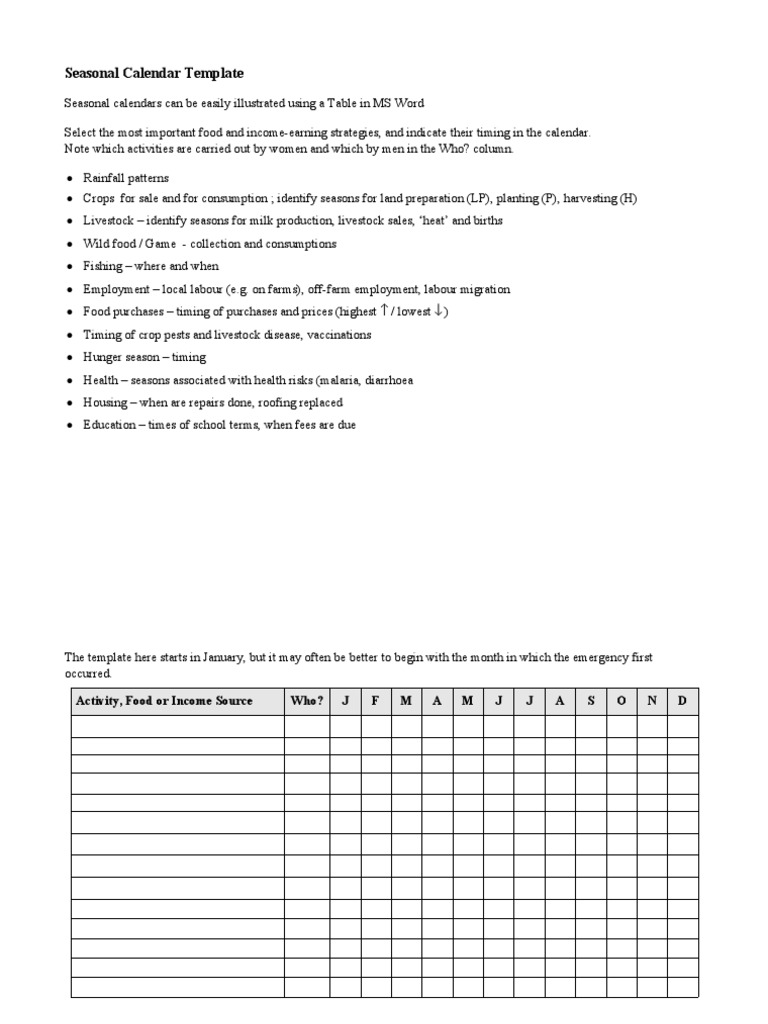 Seasonal Calendar Template | PDF