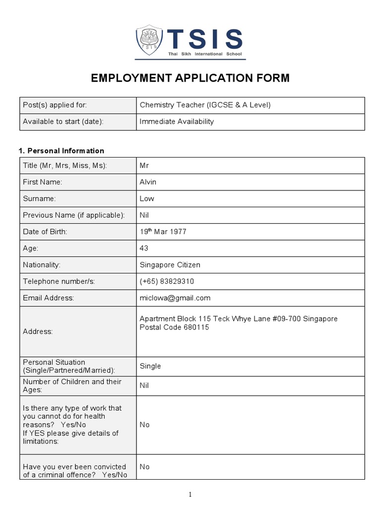 Tsis Teacher Application Form Pdf