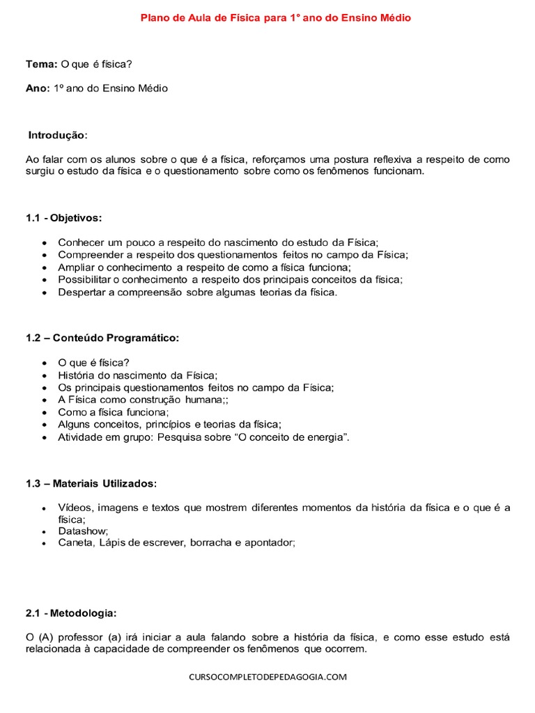 Plano de Aula de Fisica para 1° Ano Do Ensino Medio | PDF