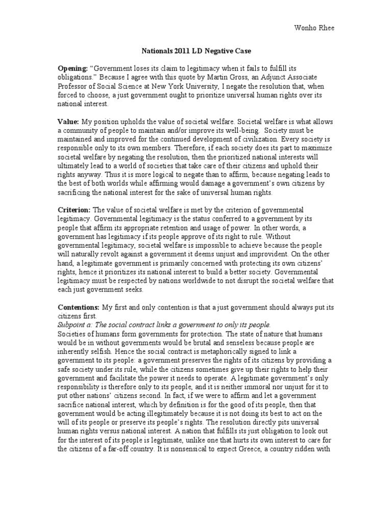 Nationals 2011 LD Negative Case Legitimacy (Political) Human Rights