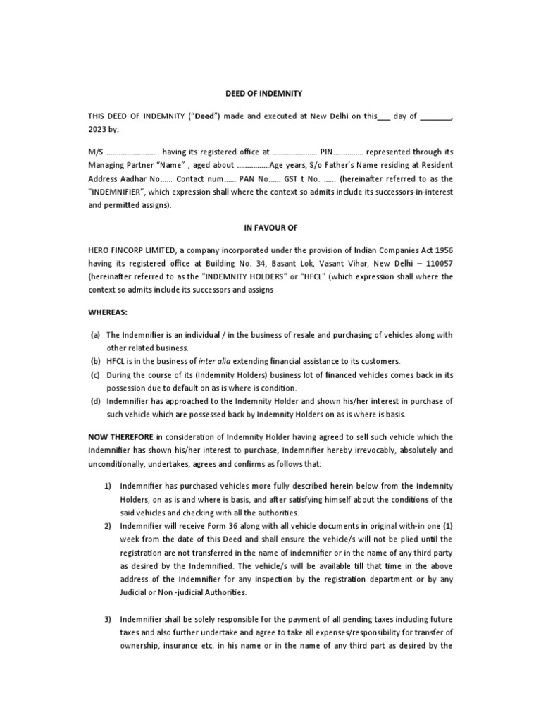 Deed of Indemnity PDF Indemnity Business Law