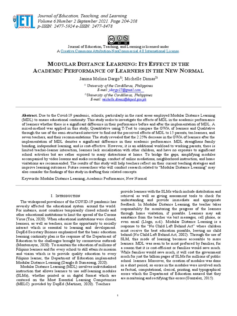 Modular Distance Learning Its Effect in The Academ | PDF