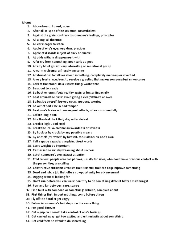 Idioms List PDF
