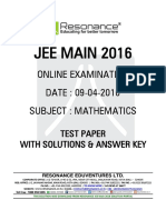 Jee Main 2016: Online Examination DATE: 09-04-2016 Subject: Mathematics