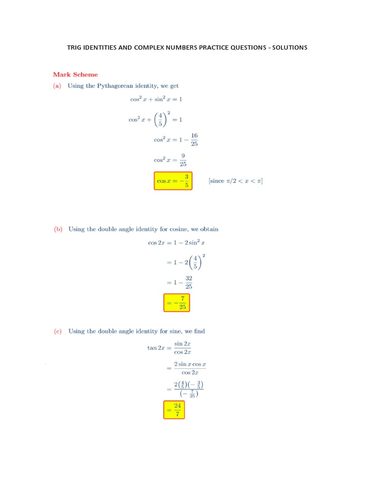 Trig Identities and Complex Numbers Solutions PDF