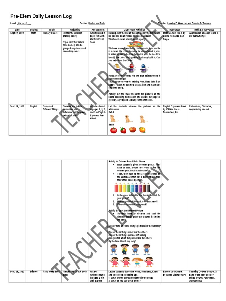 Lesson plan 1st quarter nursery 2 download free pdf color odor