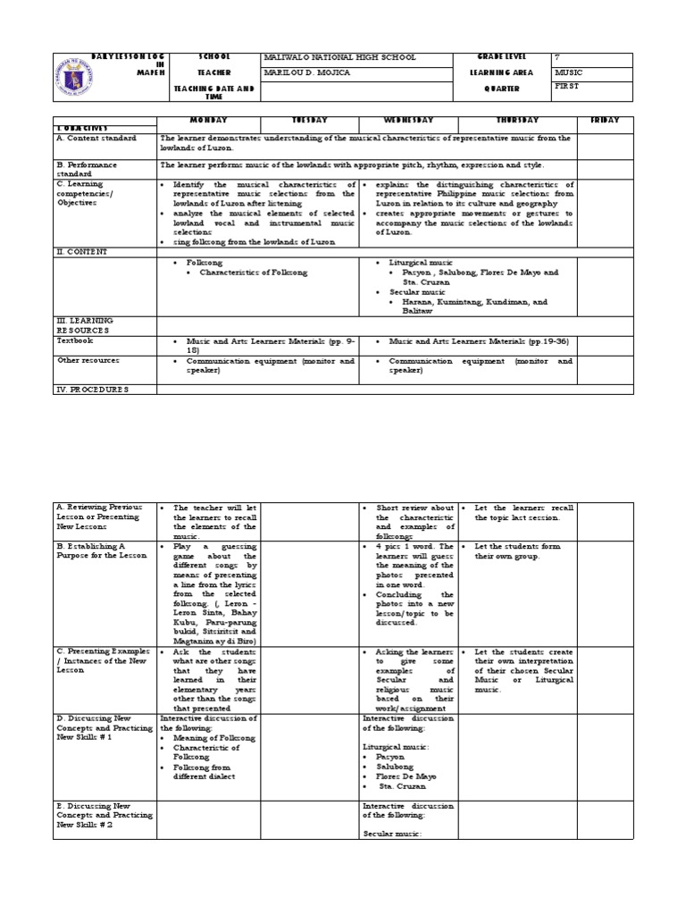 MAPEH Daily Lesson Plan for Grade 7 | PDF | Learning | Cognitive Science