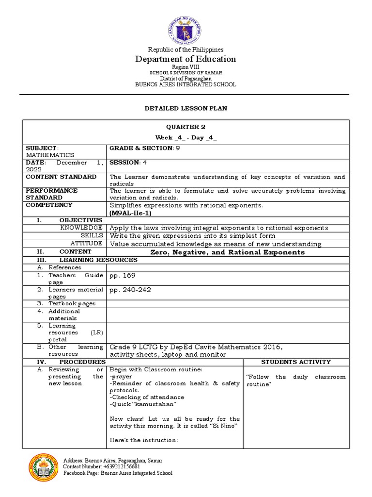 Grade 9 Math Lesson Plan: Exponents | PDF | Exponentiation | Learning