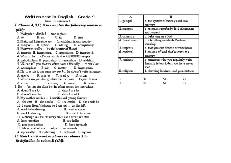 Grade 9 English Test: Sentence Completion & Matching | PDF