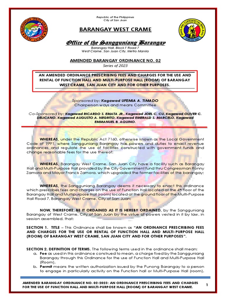 West Crame Brgy Ordinance 022023 Prescribing Fees and Charges of