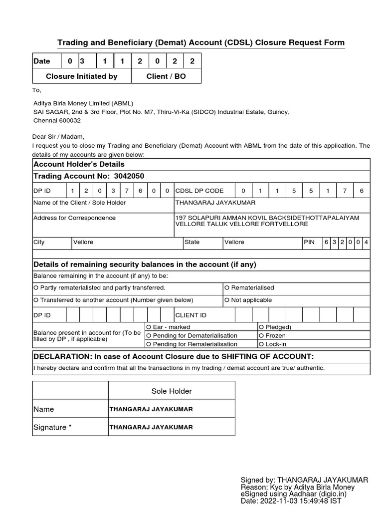 Trading and Beneficiary (Demat) Account (CDSL) Closure Request Form