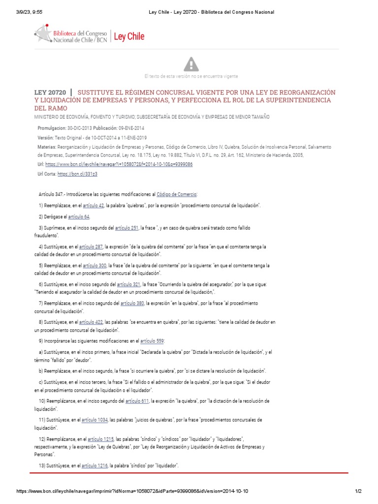 Ley Chile - Ley 20720 - Biblioteca Del Congreso Nacional | PDF ...
