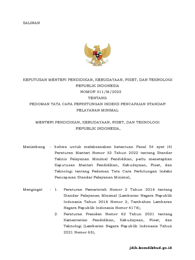 Kepmen No 311 Tahun 2022 Indeks SPM Pendidikan | PDF