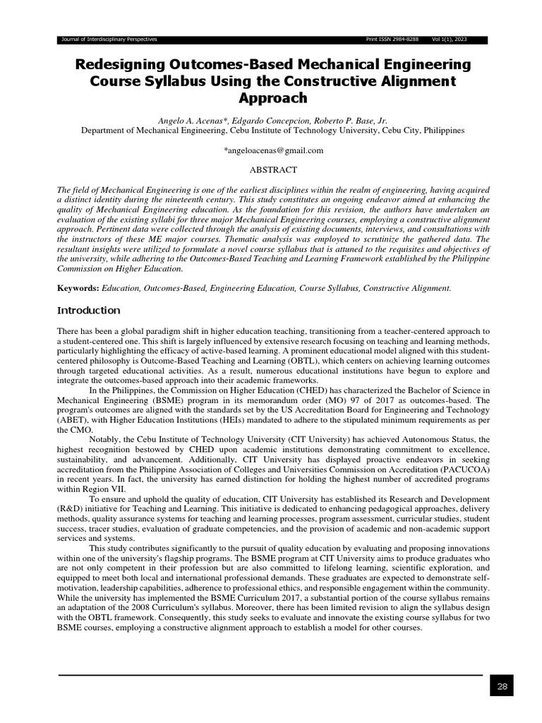 Redesigning outcomes based mechanical engineering course syllabus using