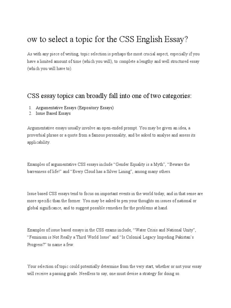 How To Select A Topic For The CSS English Essay | PDF | Essays | Argument