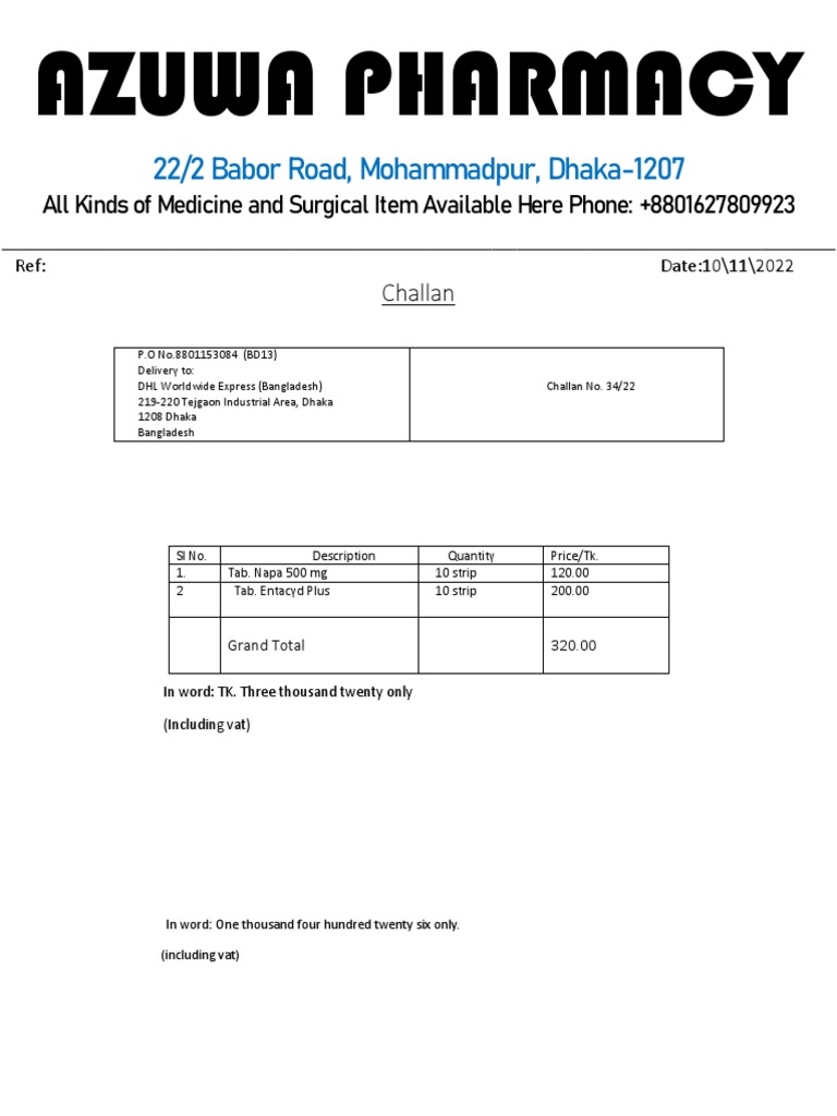 AZUWA Pharmacy Challan Details | PDF