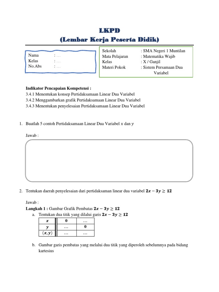 LKPD 1 Pertidaksamaan Linear Dua Variabel | PDF