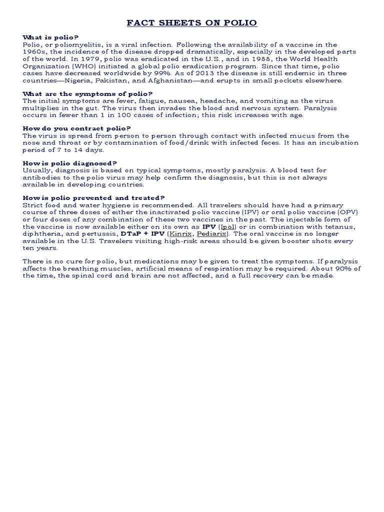 Polio Overview: Symptoms, Prevention, and Treatment | PDF