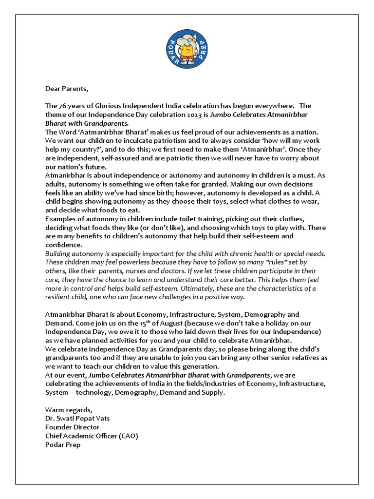 independence day celebration circular to parents