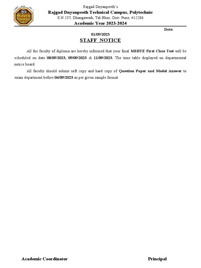 Class Test Notice for Faculty | PDF | Technology & Engineering