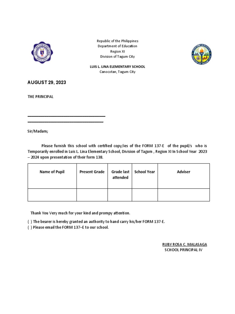 Request for Form 137-E Copies | PDF
