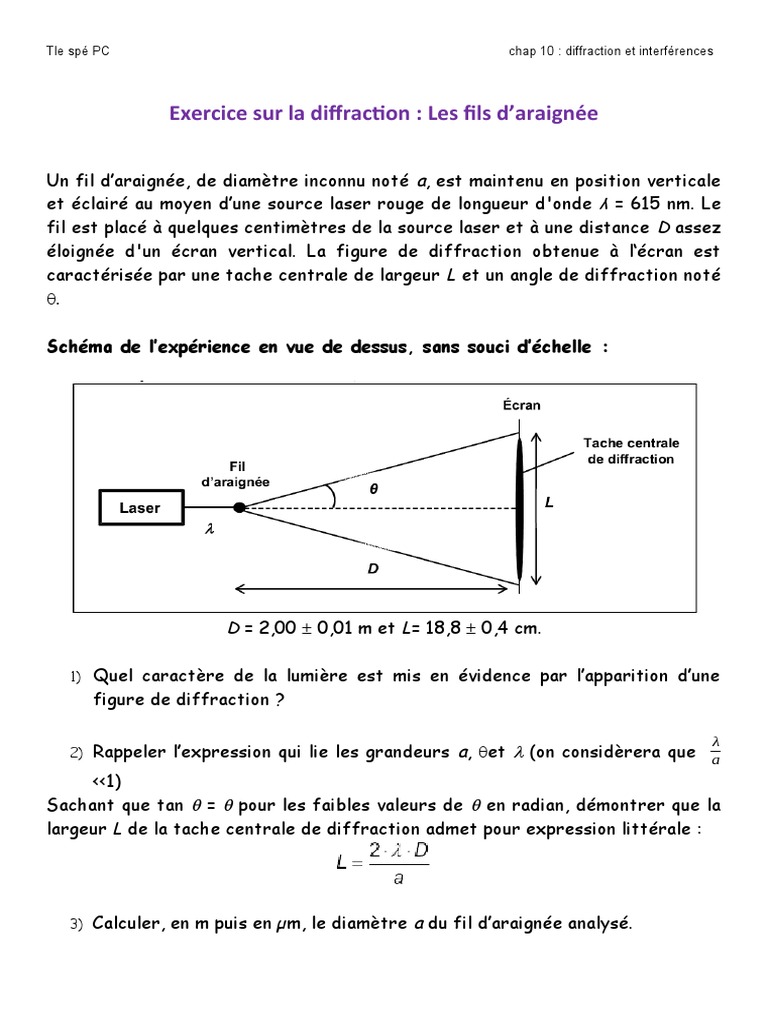 Exercice sur la diffraction des fils d'araignée | PDF | Diffraction ...