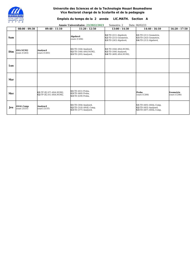 Emplois du temps 2e année LIC.MATH PDF — free download