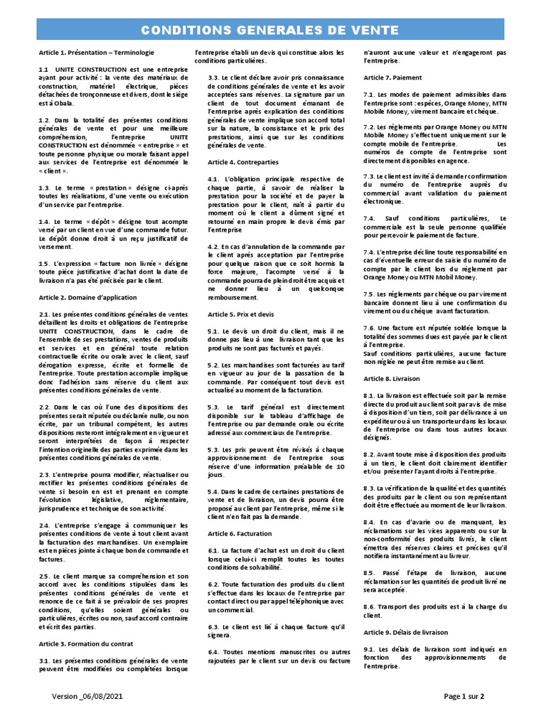 Conditions Generales de Vente: Version - 06/08/2021 Page 1 Sur 2 | PDF
