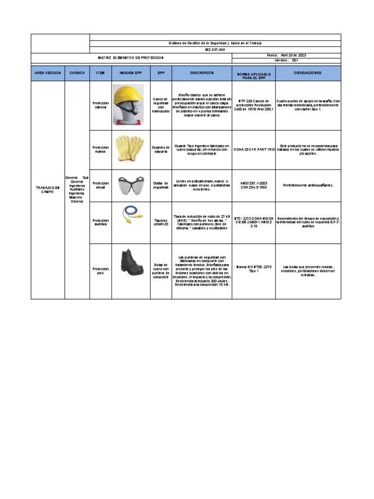 MZ-SST-003 Matriz de Elementos de Protección Personal | PDF | Casco ...