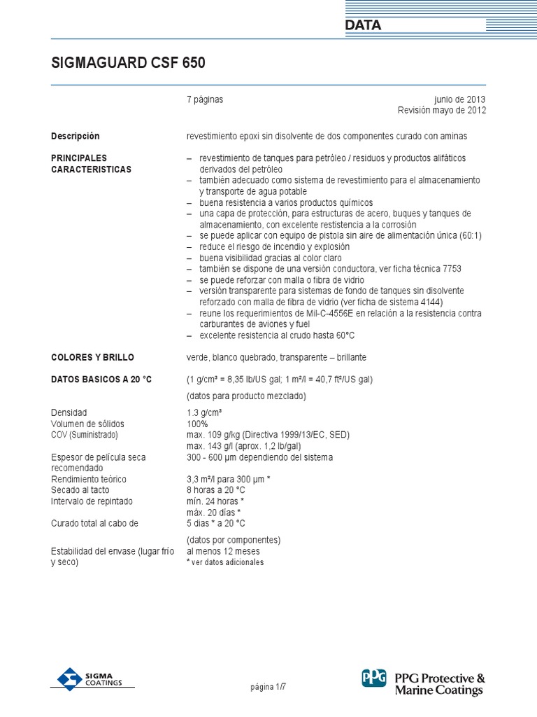 Revestimiento Epoxi SigmaGuard CSF 650 | PDF | Agua | Agua potable
