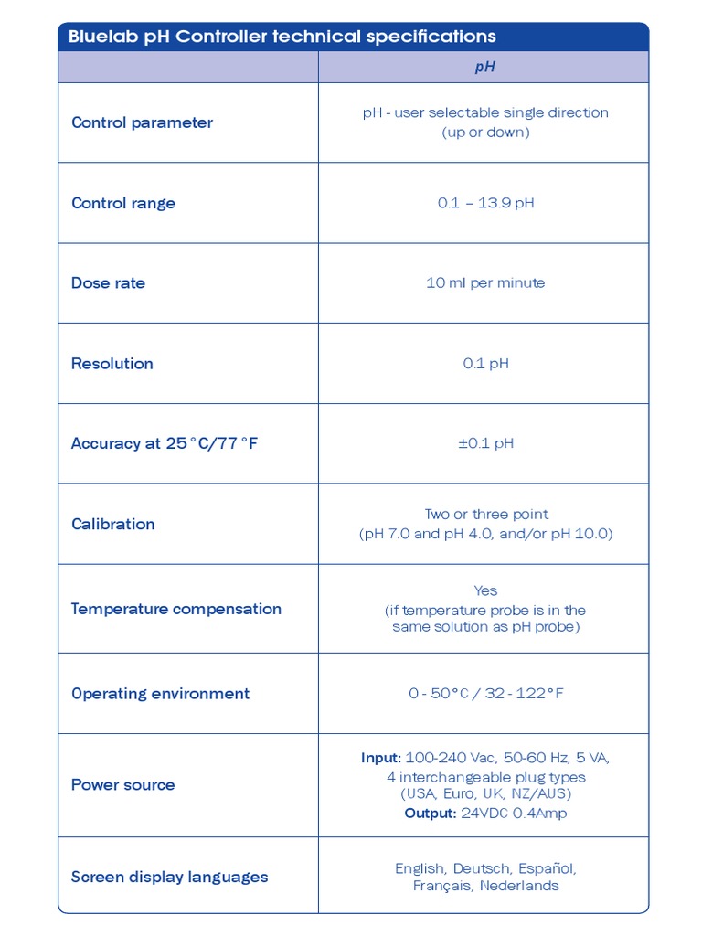 Technical Specifications - Bluelab PH Controller | PDF | Science ...