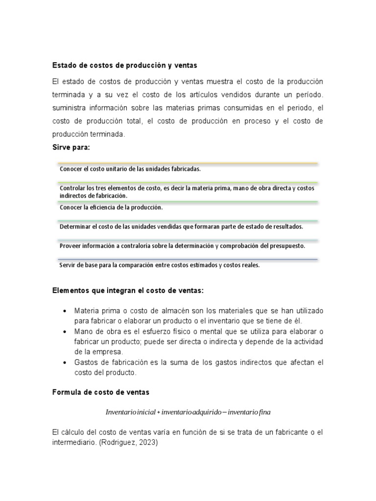 Estado de Costos de Producción y Ventas | PDF | Costo | Negocios económicos