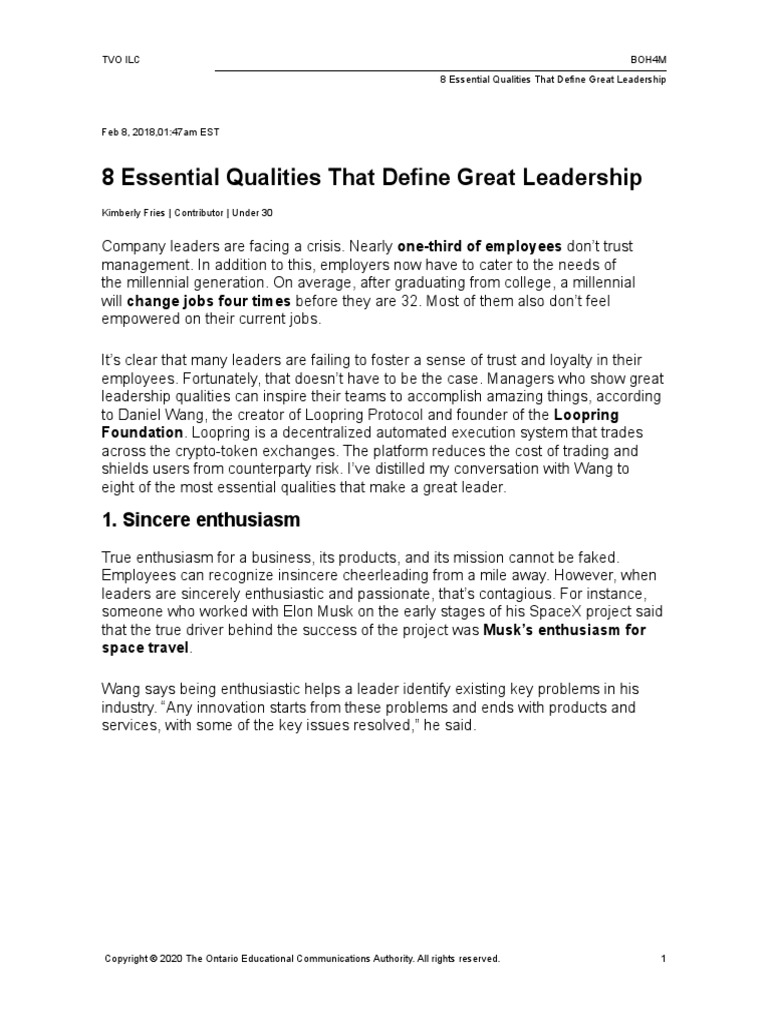 8 Essential Qualities That Define Great Leadership PDF Leadership