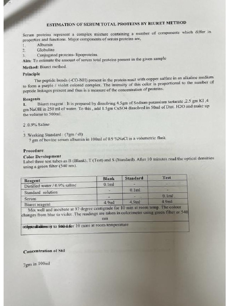 Estimation of Serum Total Protein by Biuret Method & Determination of