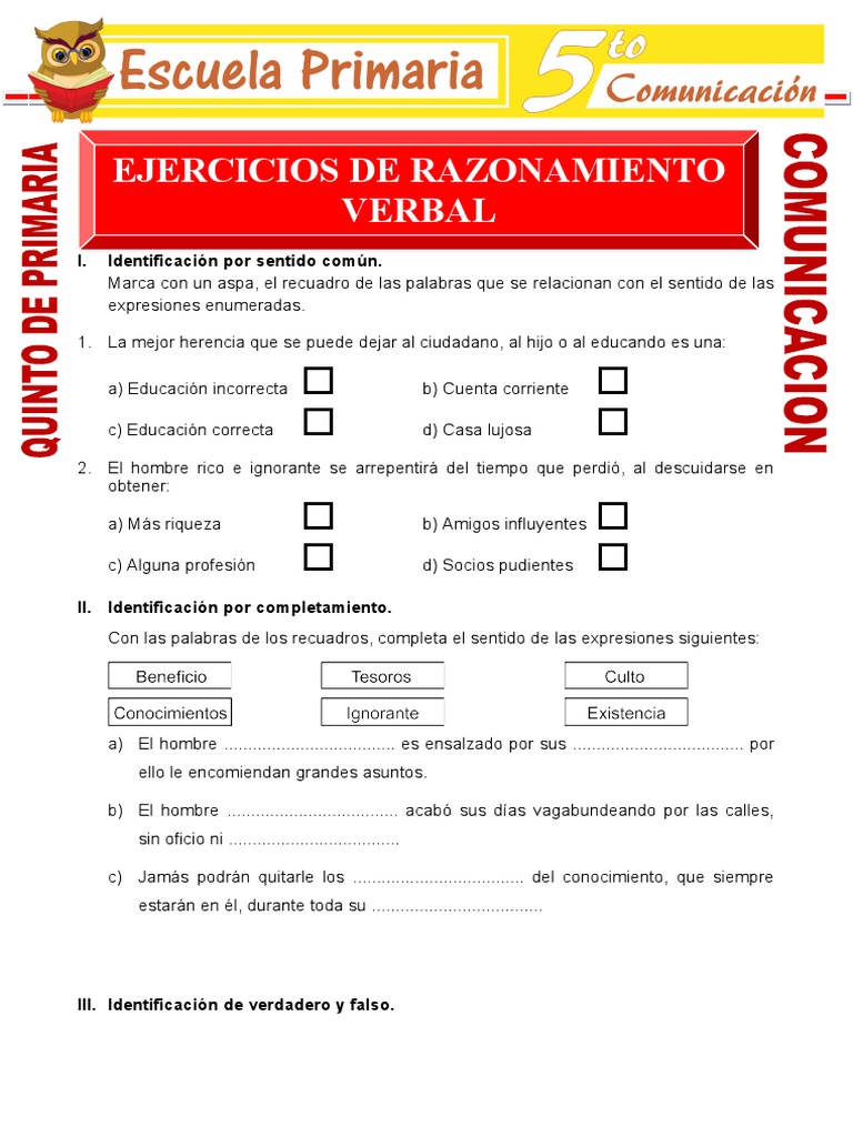 Ejercicios de Razonamiento Verbal para Quinto de Primaria PDF