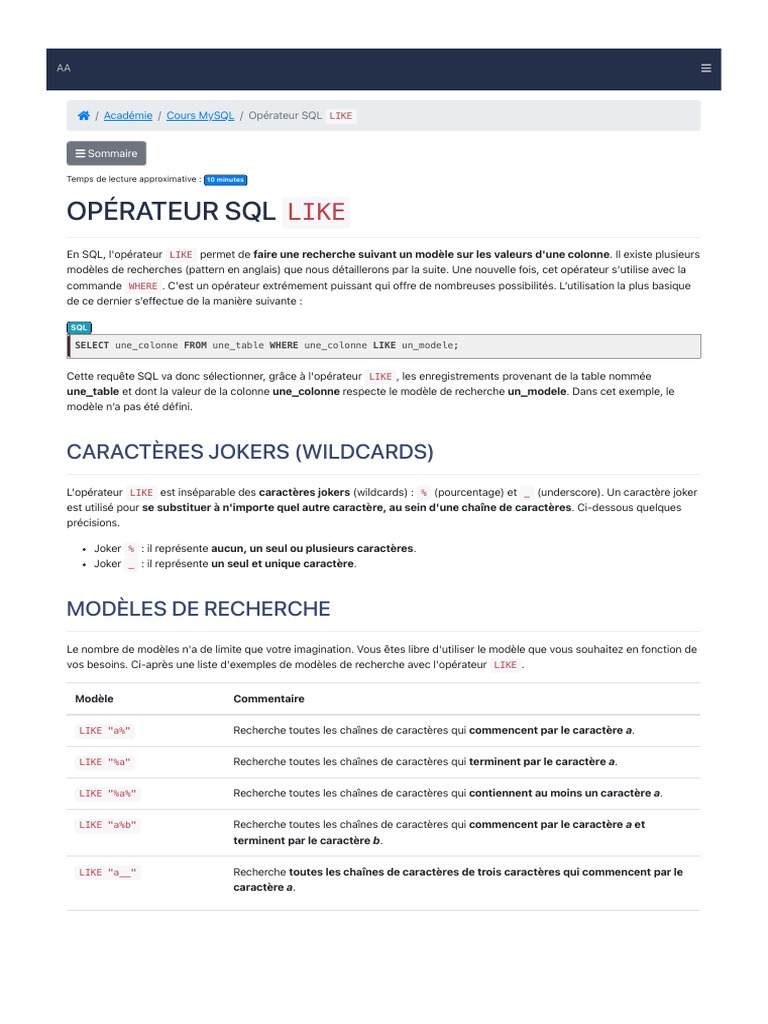 SQL LIKE, Cours Complet, Tutoriel Sur SQL-MySQL - Aymeric AUBERTON | PDF