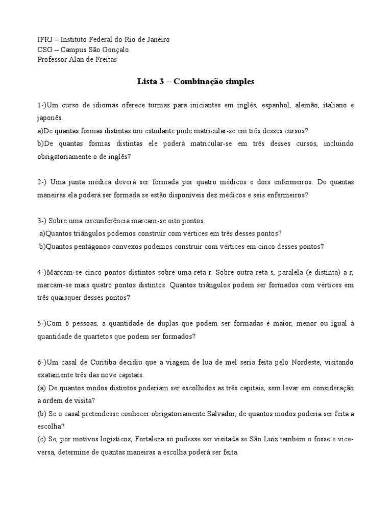 Exercícios de Combinação Simples | PDF