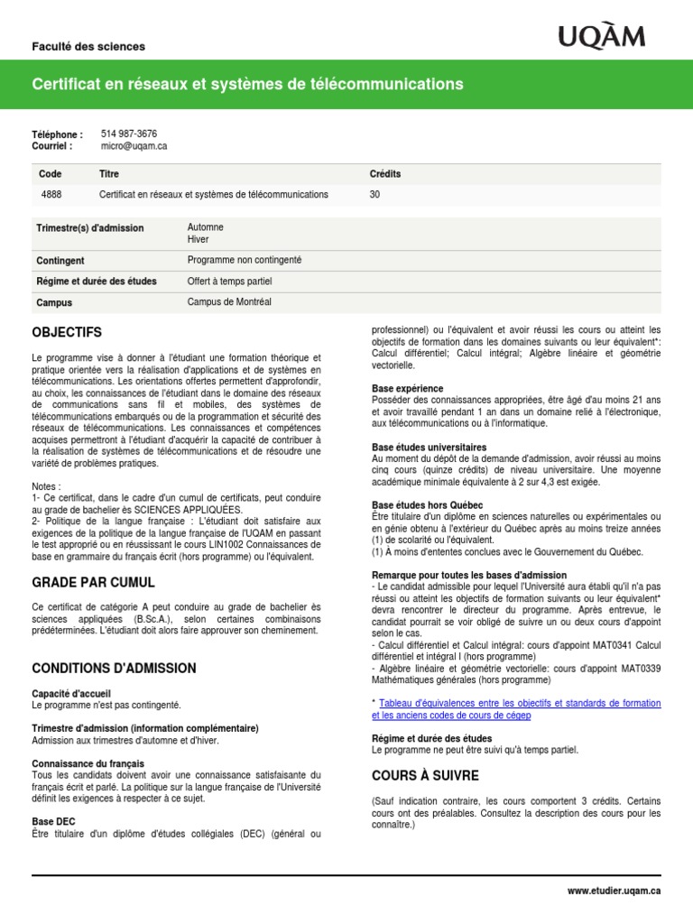 UQAM Certificat en Réseaux Et Systèmes de PDF