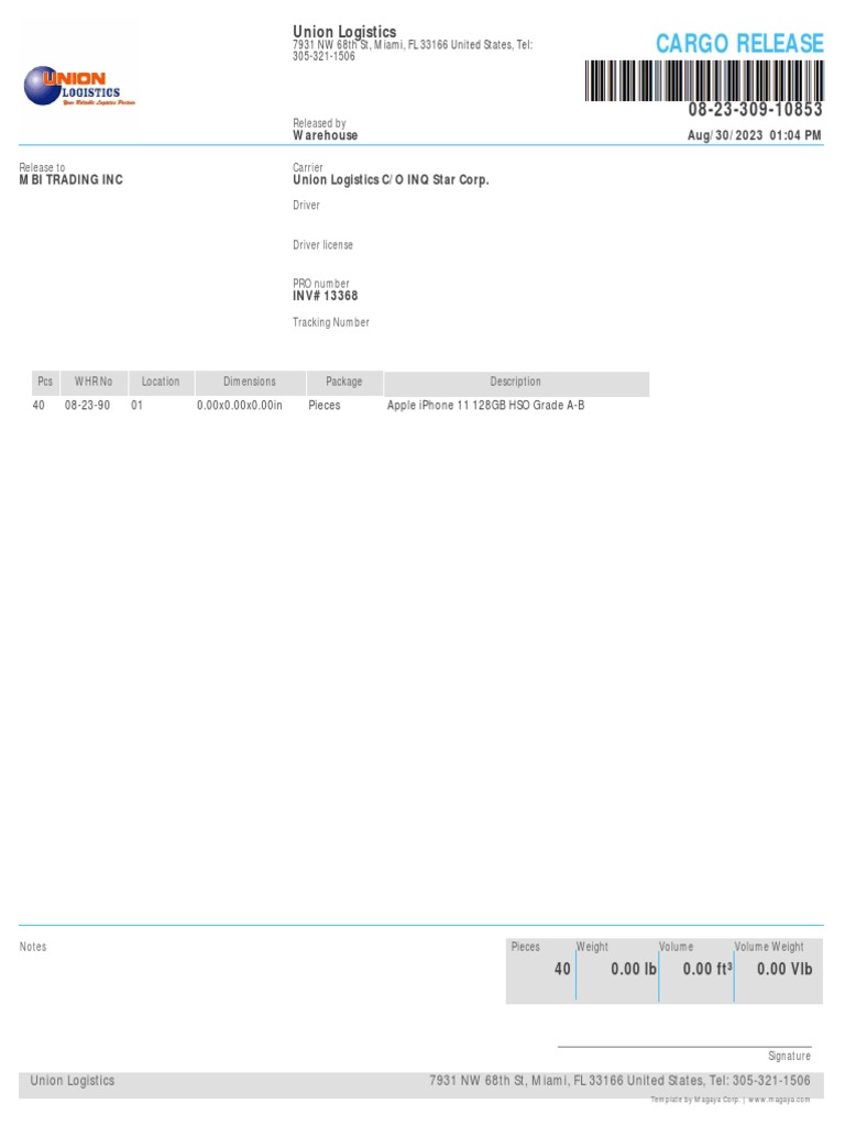 Cargo Releases 08-23-309-10853 | PDF
