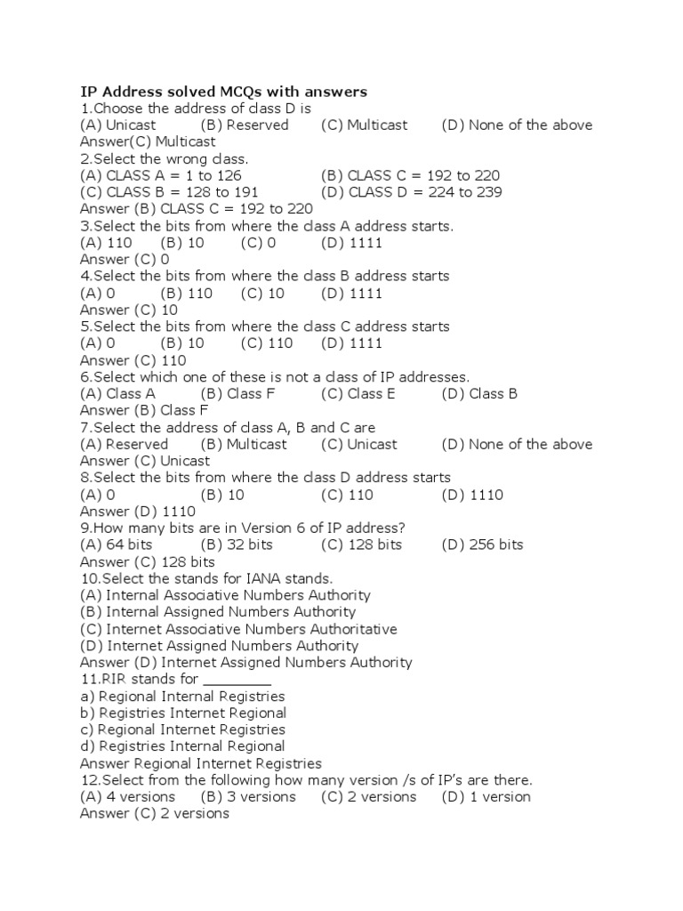 IP Address Solved MCQs With Answers in PDF | PDF | Internet Protocols ...