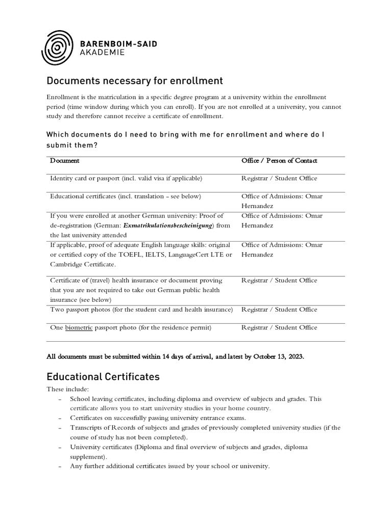 2023 Infosheet Required Documents For Enrollment Bmus Prep