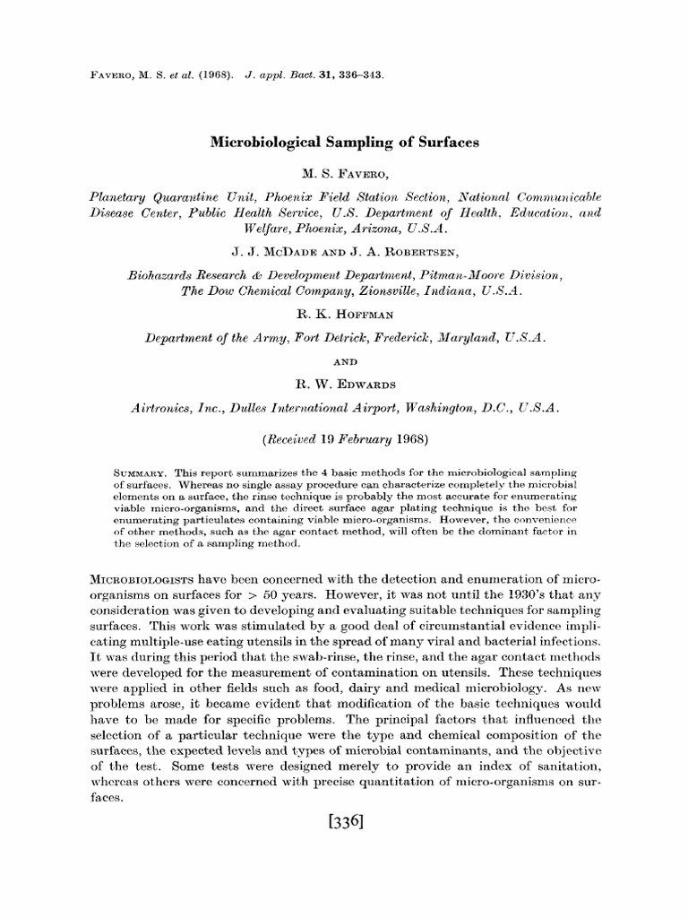 Microbiological Sampling of Surfaces S. Favero PDF Agar Assay